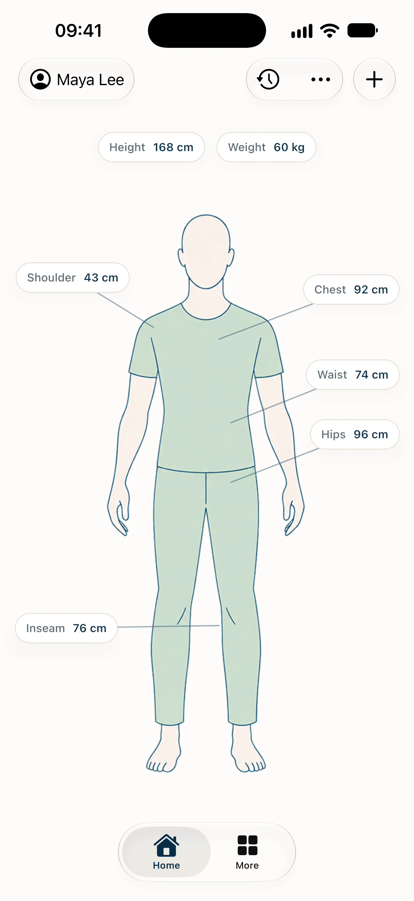 Sipo Home with the Maya Lee demo profile, height and weight summaries, an adult body figure, and saved shoulder, chest, waist, hips, and inseam measurements