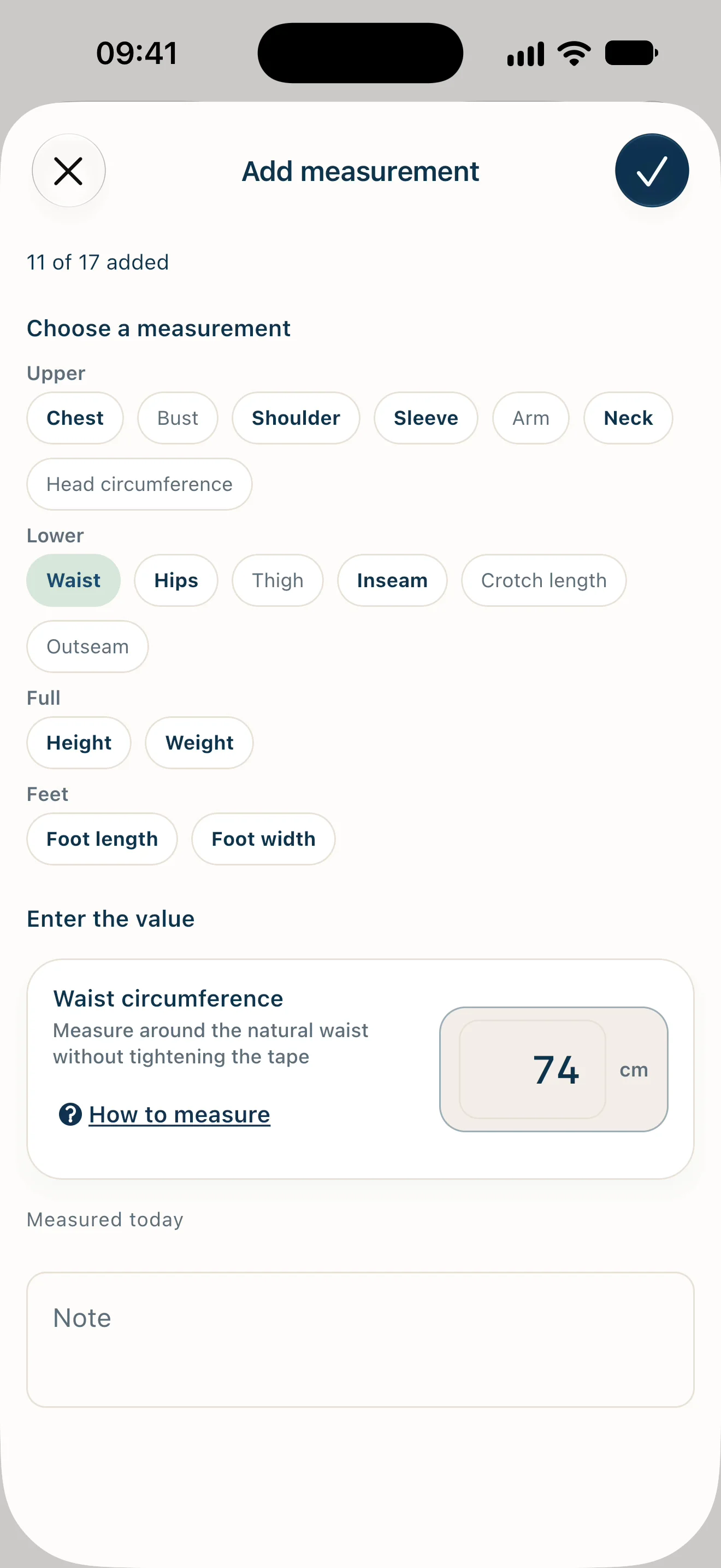 Sipo Add Measurement showing 11 of 17 measurements added, Waist selected with a 74 cm value, the How to measure action, and an optional note