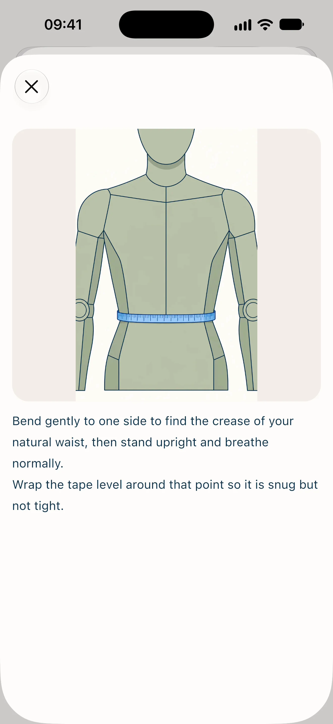 Sipo waist guide with a neutral mannequin, highlighted tape path around the waist, and written measuring instructions