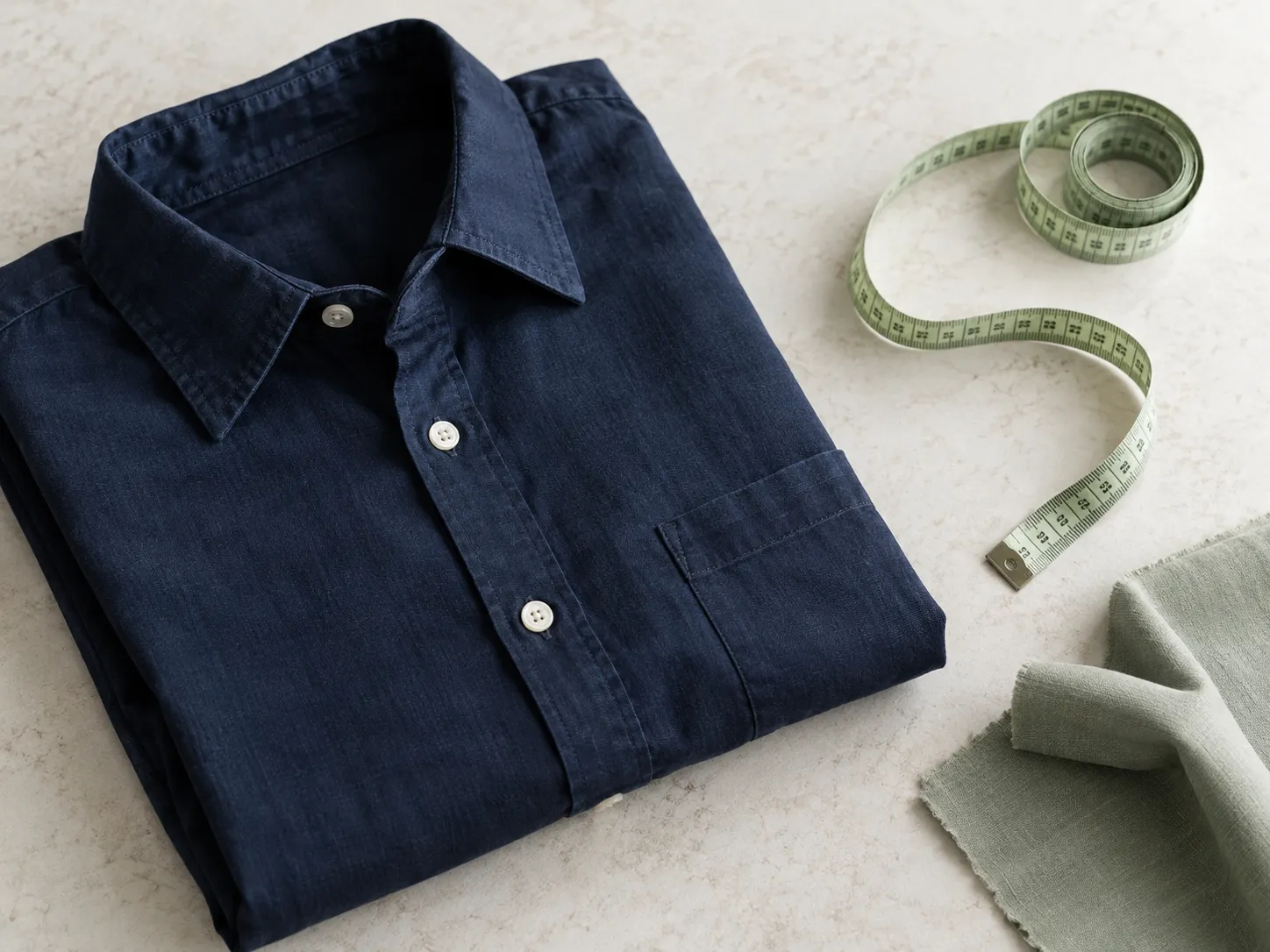 A navy shirt, sage fabric, and a tailor’s measuring tape on a light work surface